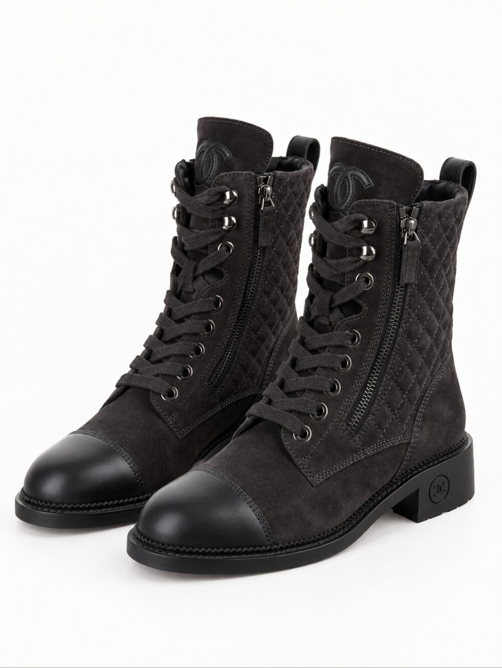 CHANEL Black Quilted Suede Combat Lace-Up Ankle Boots CC Logo EU 37